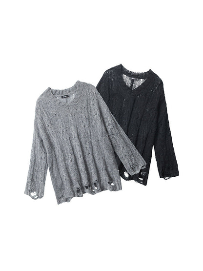 Cardydony Women's Oversized Cable Knit Sweater | Distressed V-Neck Pullover