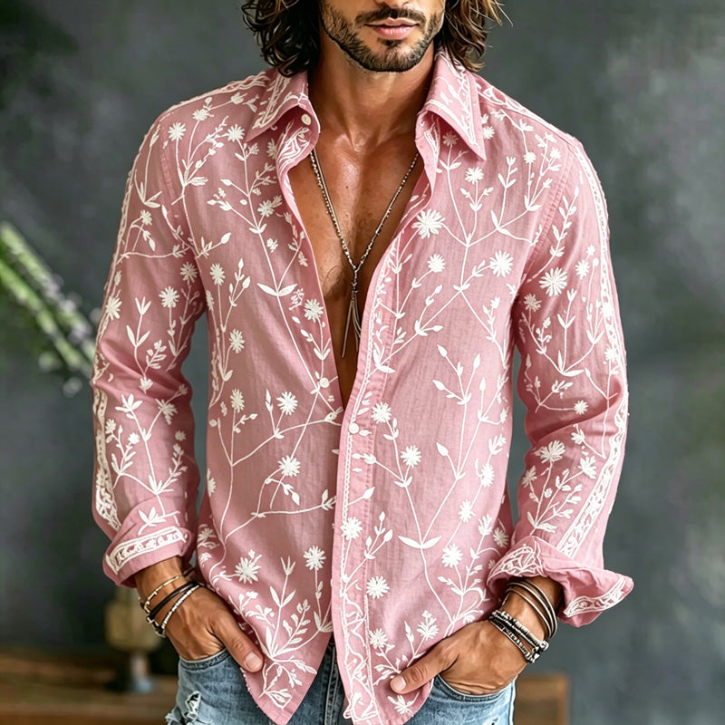 Cardydony Men's Spring Summer Floral Embroidered Art Print Flowy Linen Blend Shirt