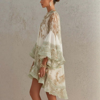 Cardydony Hermokrates Bell Sleeve Print Ruffle Mini Dress