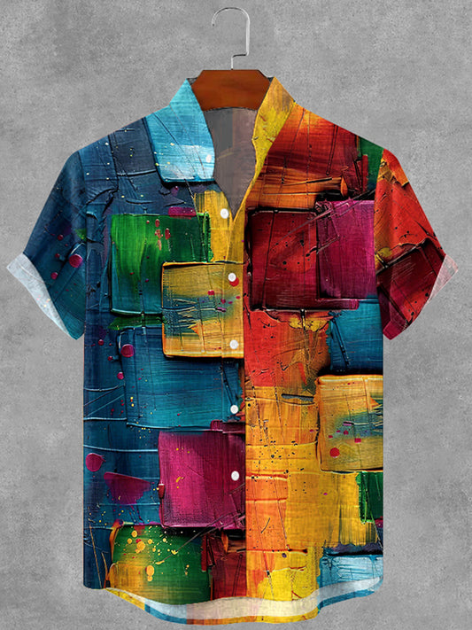Cardydony Men's Retro Colored Oil Painting Plaid Art Print Cotton And Linen Shirt