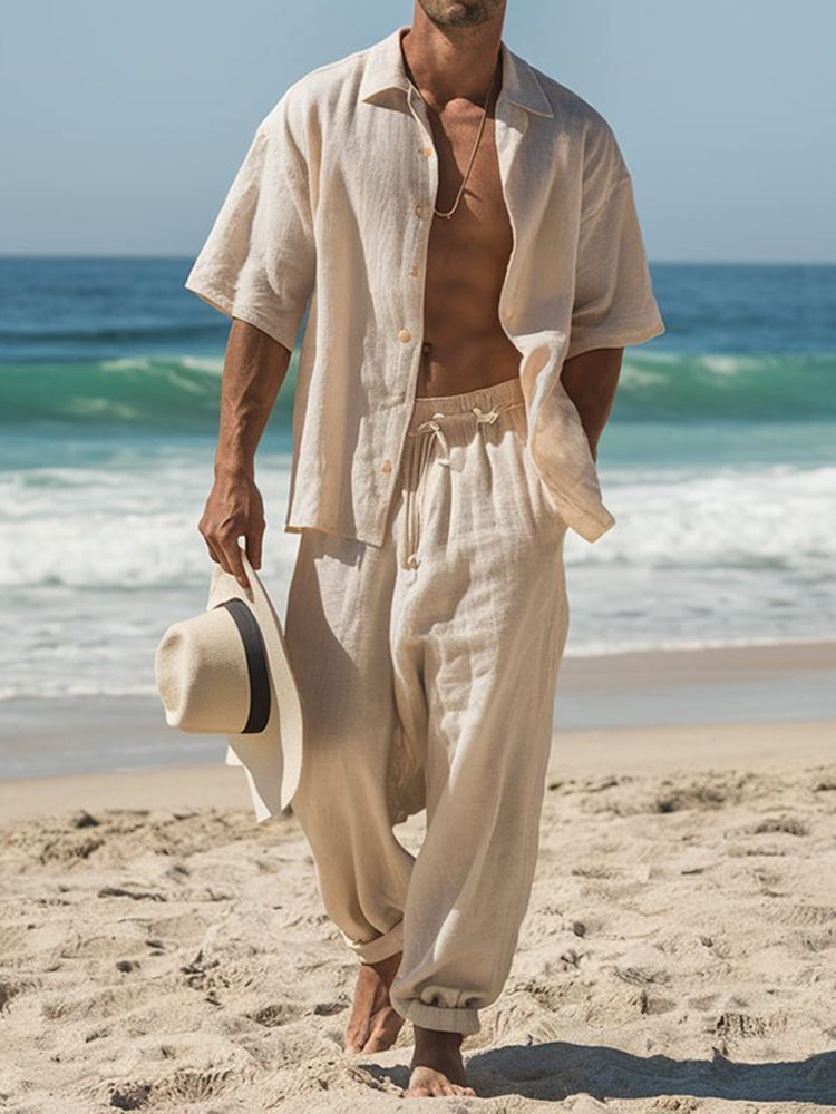 Cardydony Linen Simple Short-sleeved Shirt And Trousers Vacation Set