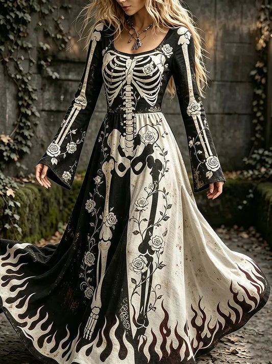 Cardydony Women's Vintage Halloween Color Block Skeleton And Floral Art Print Crew Neck Long Sleeve Maxi Dress