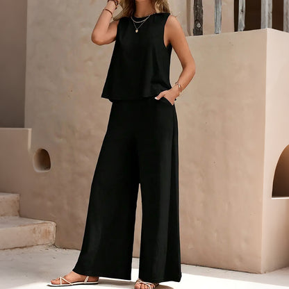 Cardydony Elegant Solid Color Crew Neck Tank Top And Wide Leg Pants Two Piece Set