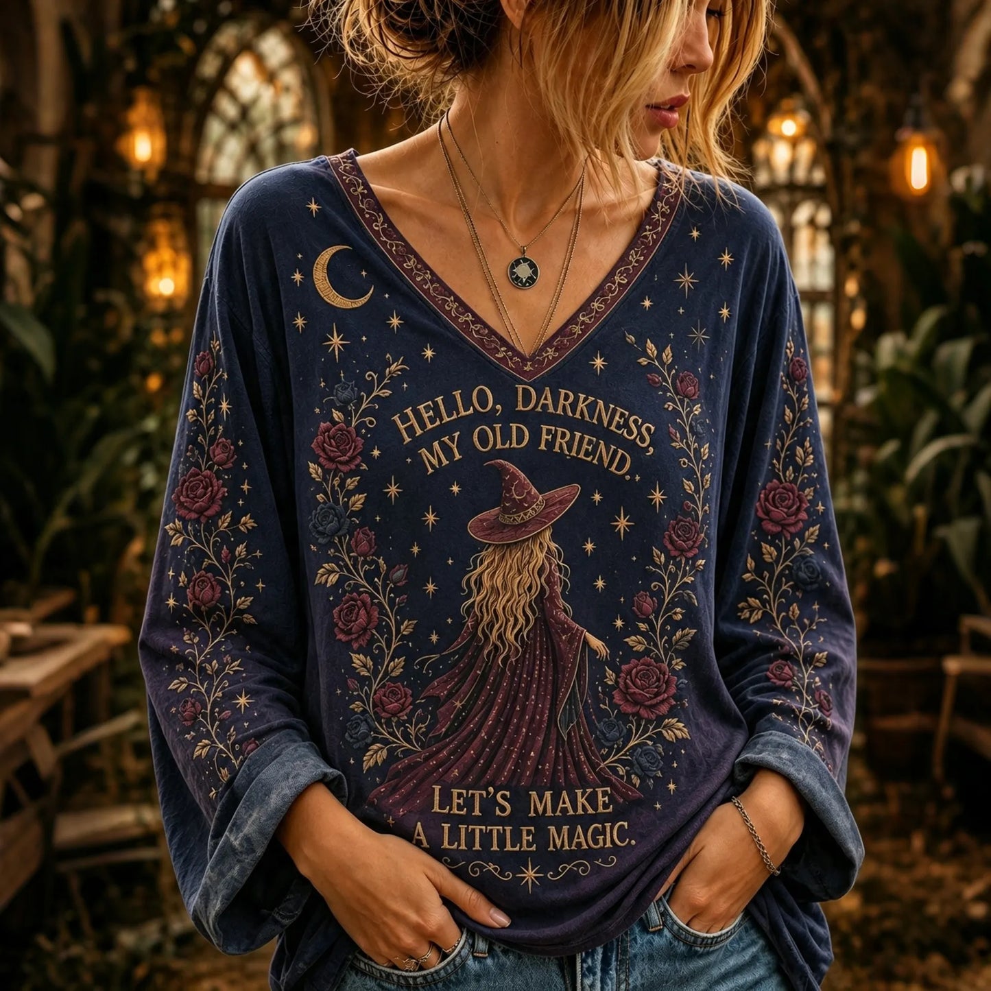 Cardydony Women's Retro Halloween Letter Sun Moon Rose Print V-neck Long Sleeve Cotton Linen Top