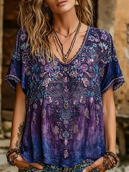 Cardydony Women's Bohemian-style Floral Print V-neck Short-sleeved Top