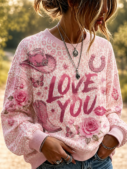 Cardydony Women's Crew Neck Commemorative Music Queen Sweatshirt, Printed With The Words "love You", Cowboy Hat, Boots And Rose Pattern.