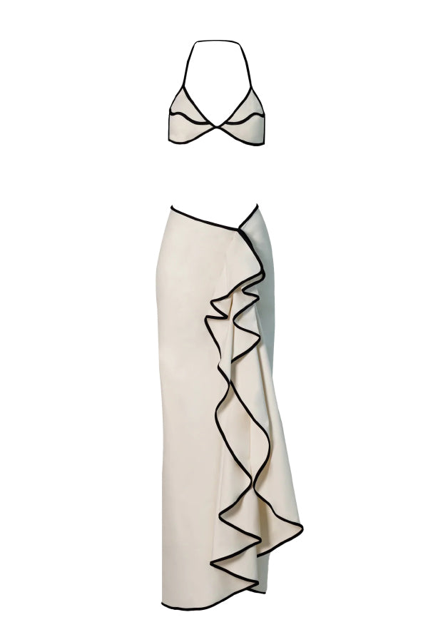 Cardydony Women's Black and White Color-blocked Two-piece Stretch Bikini Swimsuit and Elegant Ruffled Maxi Skirt Set