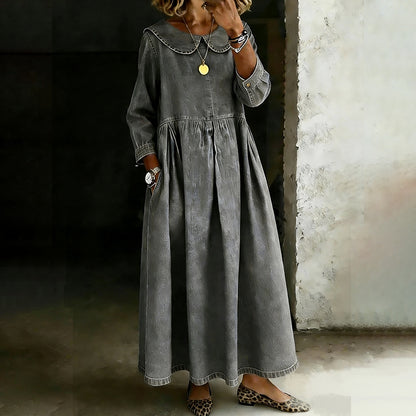 Cardydony Women's Retro Peter Pan Collar Washed Denim Midi Dress