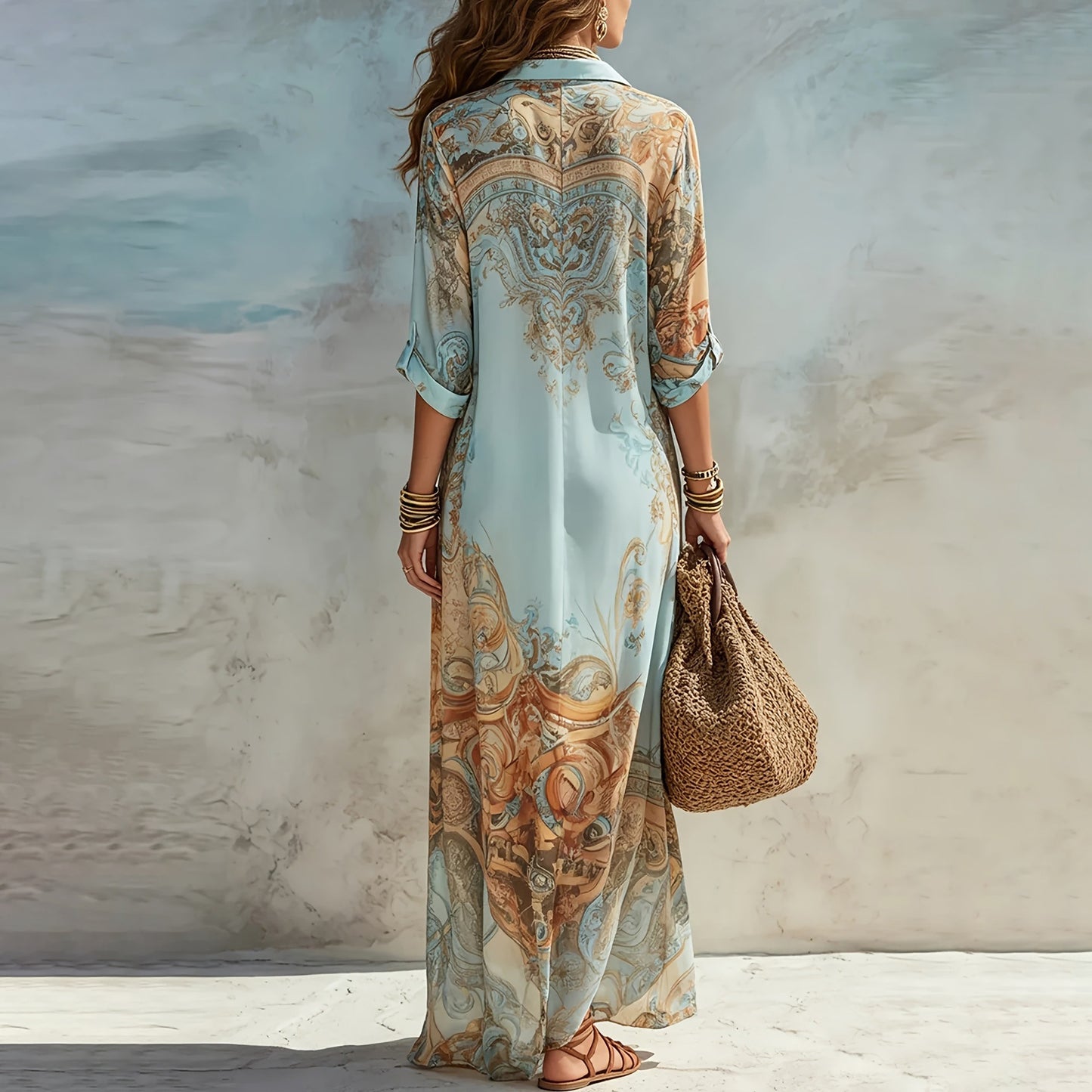 Cardydony Retro Print Shirt Maxi Dress