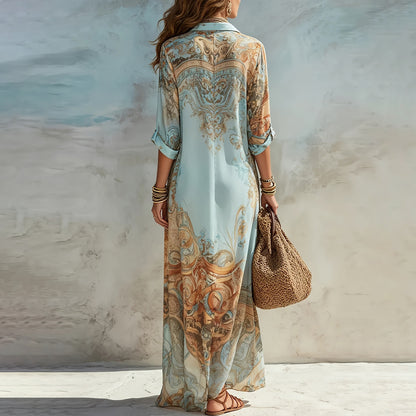 Cardydony Retro Print Shirt Maxi Dress