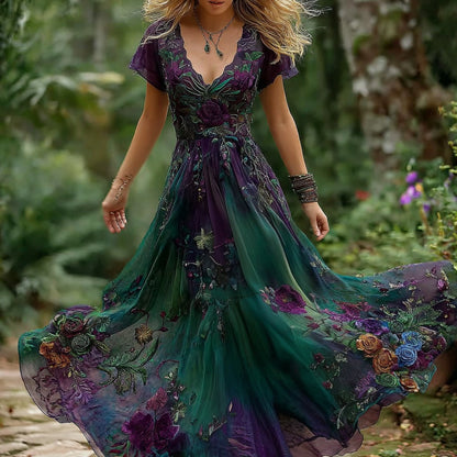 Cardydony Women's Vintage Floral Embroidery Gradient Pattern V Neck Dress