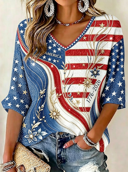 Cardydony Women's America Hot Drill Floral Art Print Three Quarter Sleeves T-shirt