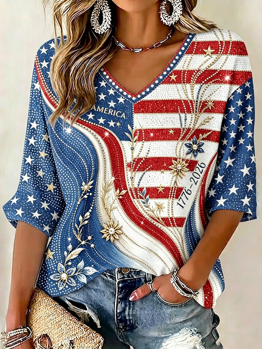 Cardydony Women's America Hot Drill Floral Art Print Three Quarter Sleeves T-shirt