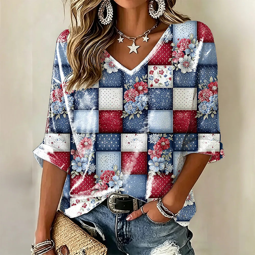 Cardydony Women's Vintage Independence Day Anniversary Floral Patchwork Art Print T-shirt