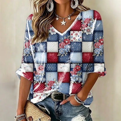 Cardydony Women's Vintage Independence Day Anniversary Floral Patchwork Art Print T-shirt