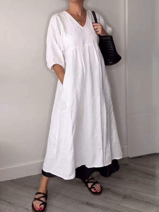 Cardydony Casual Cotton Linen Deep V-neck Pleated Solid Color Pocket Dress