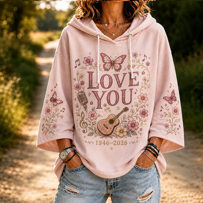 Cardydony Women's Hooded Sweatshirt With The Words "i Love You," An Acoustic Guitar, Butterflies, And Floral Patterns.