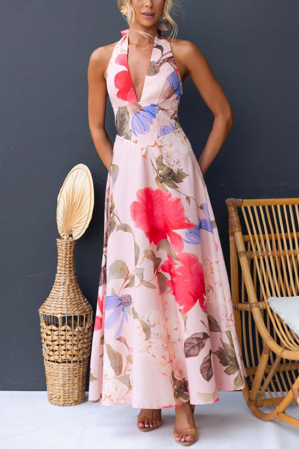 Cardydony Women's Floral Print V-neck Backless Tie-up Fitted Waist Elegant Maxi Dress