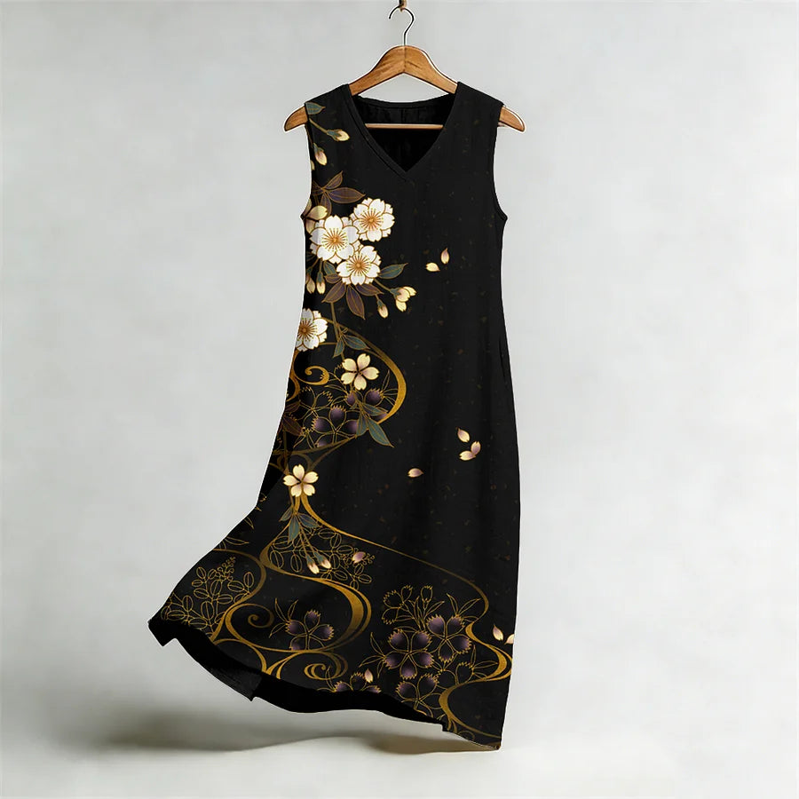 Cardydony Japanese Cherry Blossoms Art Flowy Linen Midi Dress
