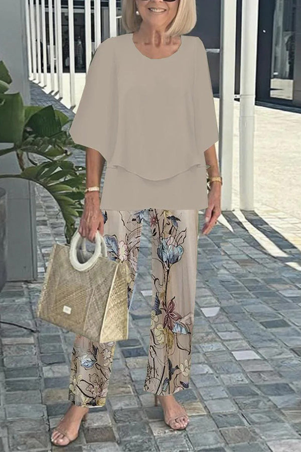 Cardydony Women's Fashion Round Neck Half Sleeve Loose Top and Elastic Waist Casual Straight Pants Set