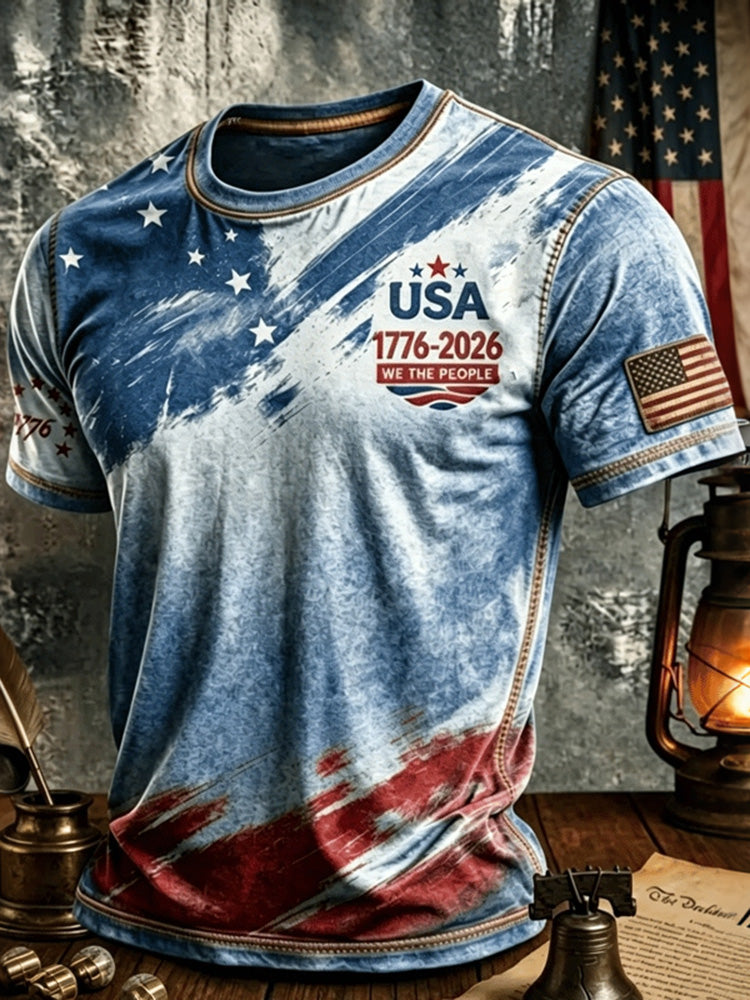 Cardydony Men's Retro Independence Day Art Print Crew Neck Short Sleeve T-shirt