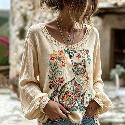 Cardydony Vintage Cute Cat Art Embroidery Casual Linen Cotton Shirt