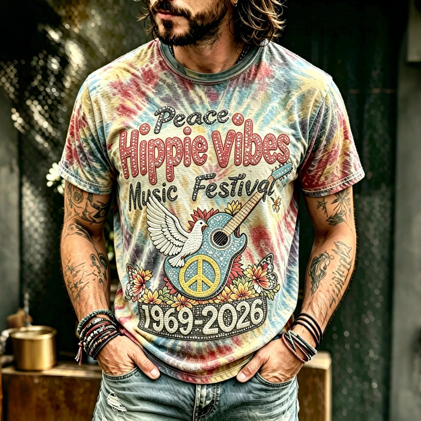 Cardydony Men's Vintage 60s Tie Dye Music Art Hippie Crew Neck T-shirt