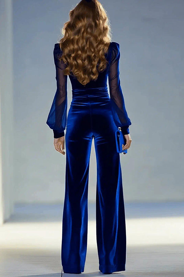 Cardydony Women's Solid Color Velvet V-neck Long-sleeved Elegant Fitted Jumpsuit