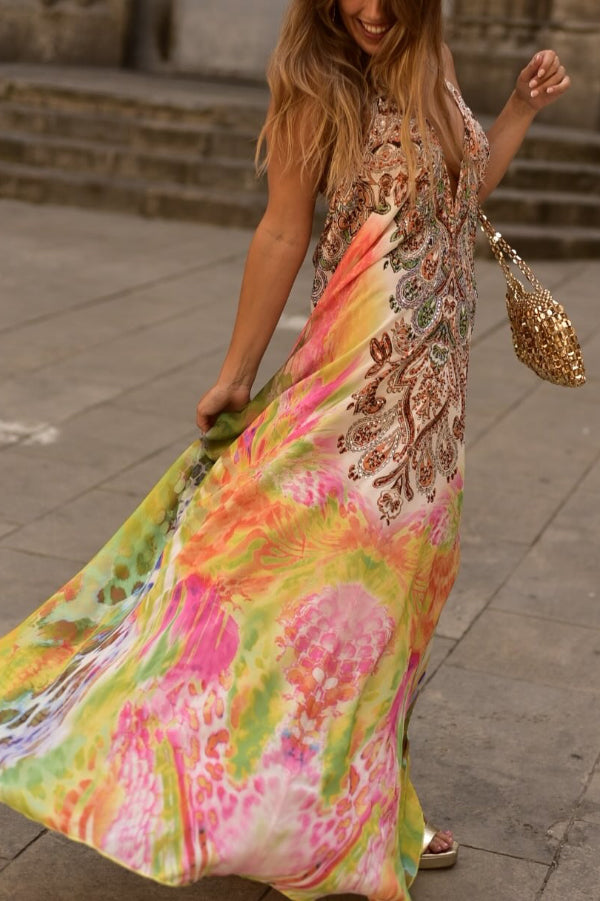 Cardydony Women's  Bohemian Style Unique Print Sleeveless Backless Loose Maxi Dress