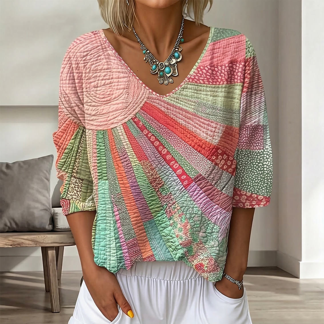 Cardydony Women's Vintage Floral In Gradient Art Print Flowy Linen Blend Three-quarter Sleeve V Neck Linen Tops