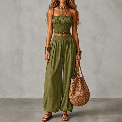 Cardydony Elegance Strapless Cropped Tank Top With Elastic Waistband Lantern Pants Two-piece Set
