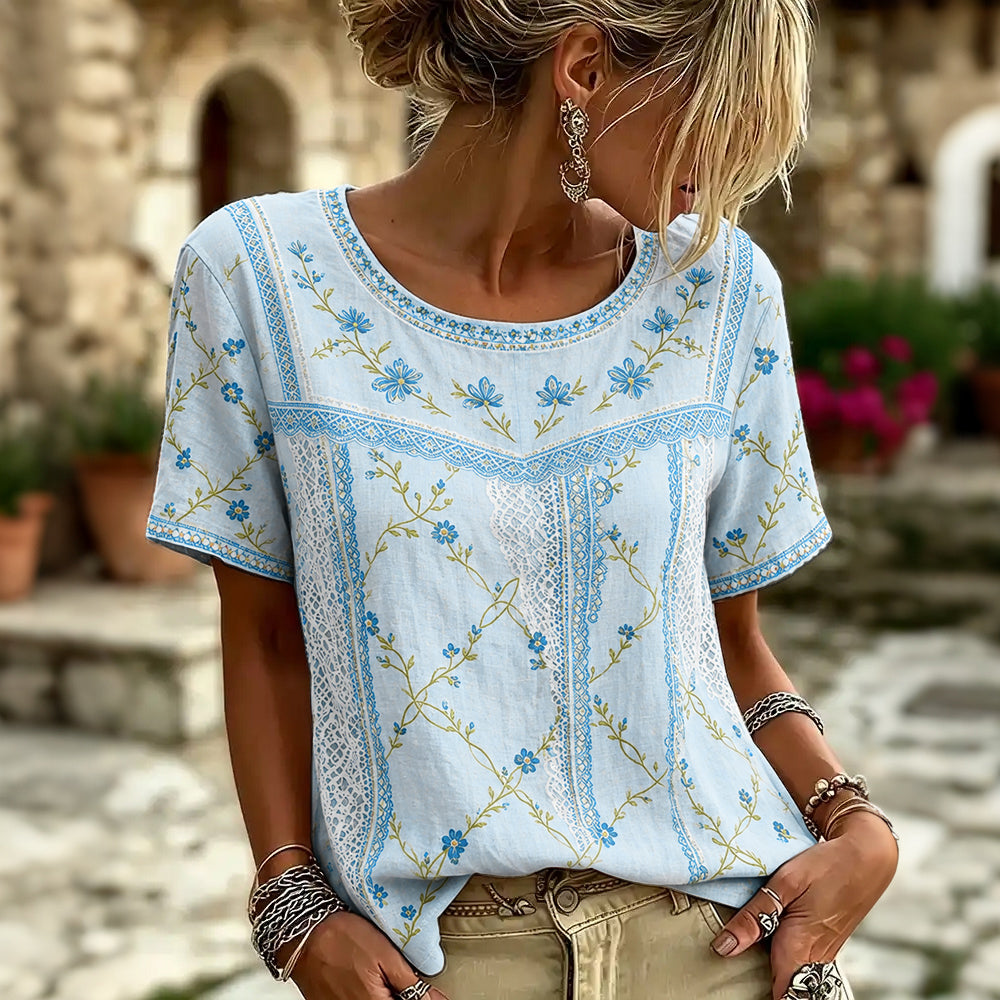 Cardydony Women's Retro Floral Patchwork Print Art Round Neck Linen Blend T-shirt