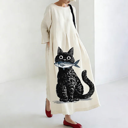 Cardydony Women's Japanese Artistic Fun Cat Pattern Linen Dress