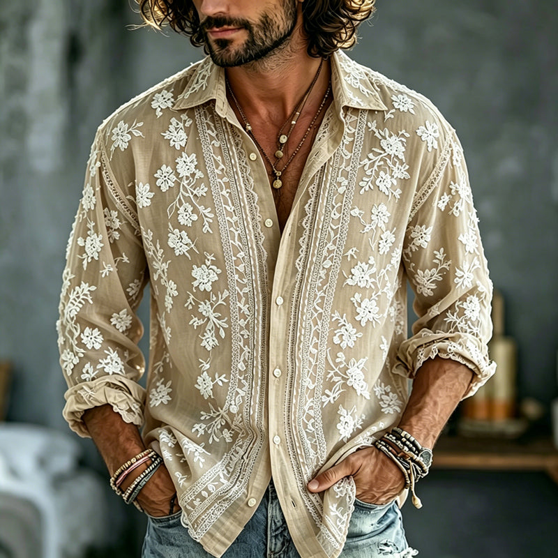Cardydony Men's Summer Floral Embroidered Art Print Flowy Linen Blend Shirt