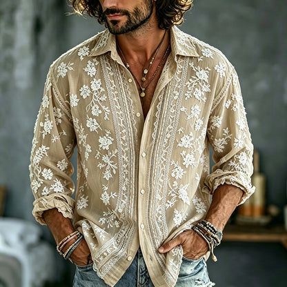 Cardydony Men's Summer Floral Embroidered Art Print Flowy Linen Blend Shirt