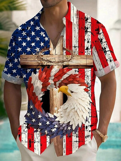 Cardydony Men's American Us Flag Eagle Patriotic Pocket Button Up Shirt