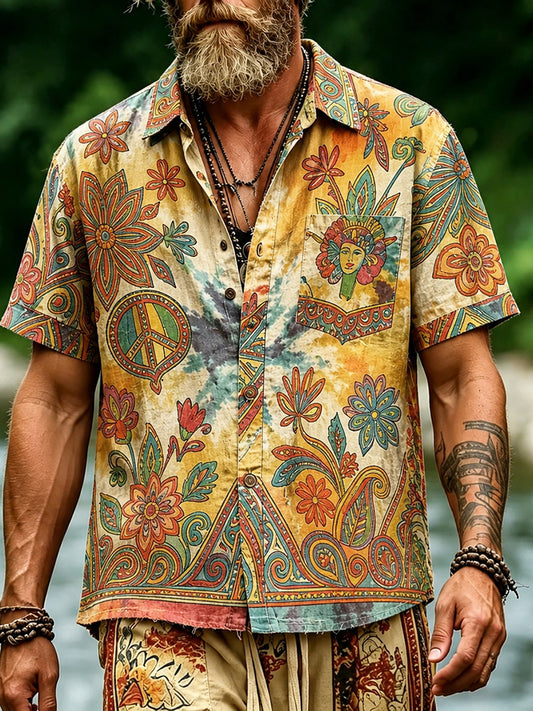 Cardydony Men's Hippie Floral And Peace Tie-dye Art Print Casual Shirt