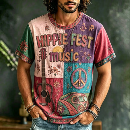 Cardydony Men's Casual Color Block Music Letter Retro Hippie Crew Neck T-shirt