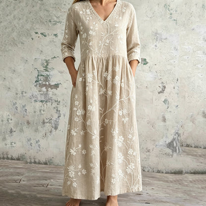 Cardydony Women's Vintage Floral Art Casual Linen Dress