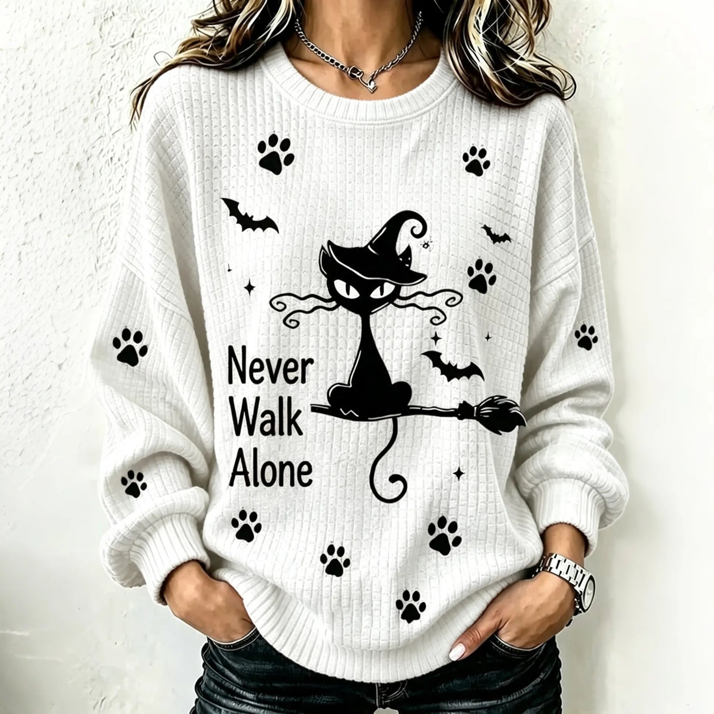 Cardydony Never Walk Alone Halloween Cat And Broom Print Casual Sweatshirt
