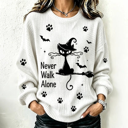 Cardydony Never Walk Alone Halloween Cat And Broom Print Casual Sweatshirt