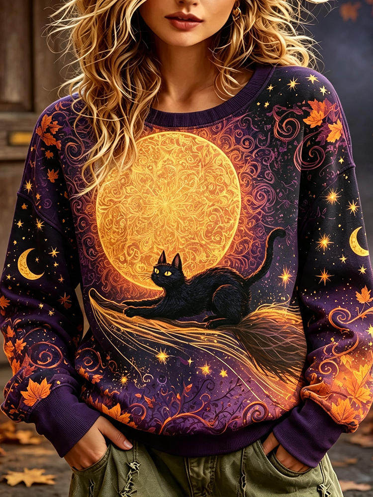 Cardydony Women's Halloween Graphic Sweatshirt - Black Cat On Broomstick, Full Moon And Maple Leaves Print Pullover