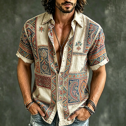 Cardydony Vintage Ethnic Pattern Patchwork Design Casual Linen Shirt