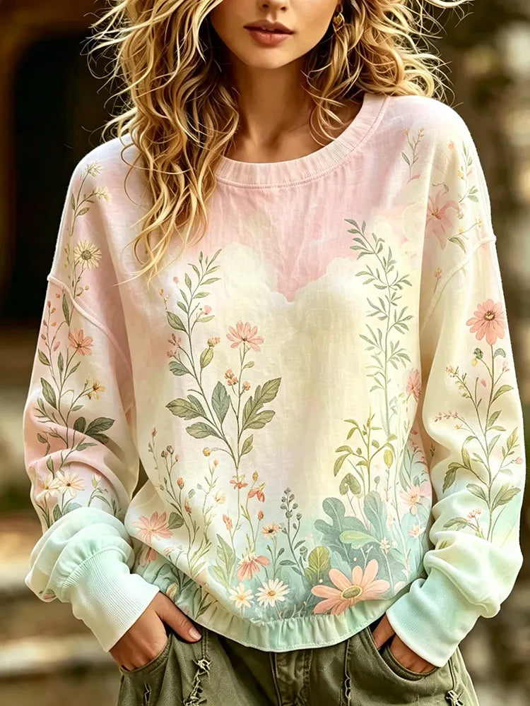 Cardydony Women's Floral Print Tie-dye Sweatshirt - Botanical Pattern Crewneck Pullover