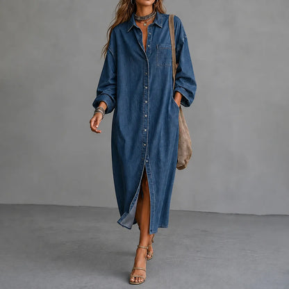 Cardydony Elegant Casual Single-breasted Collar Shirt Maxi Dress