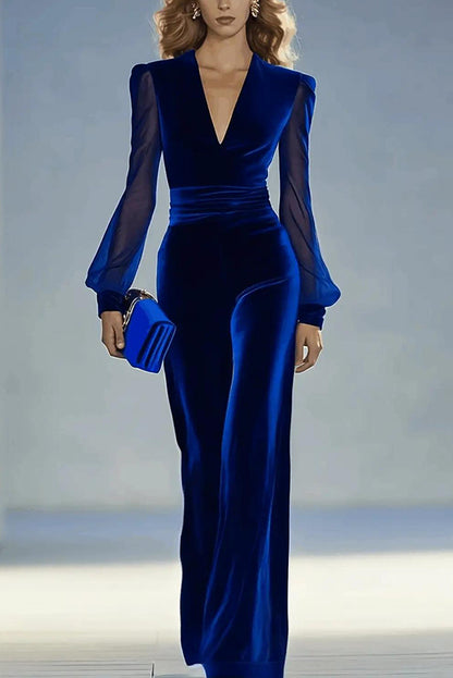 Cardydony Women's Solid Color Velvet V-neck Long-sleeved Elegant Fitted Jumpsuit