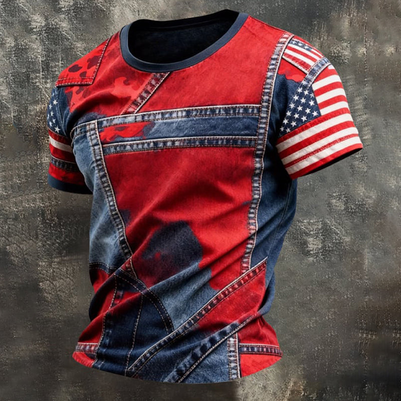 Cardydony Men's Retro Denim Patchwork Flag Color Short-sleeve T-shirt