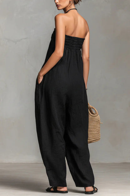 Cardydony Women's Linen Blend Sleeveless Off-shoulder Pleated Drawstring Loose Pocket Jumpsuit