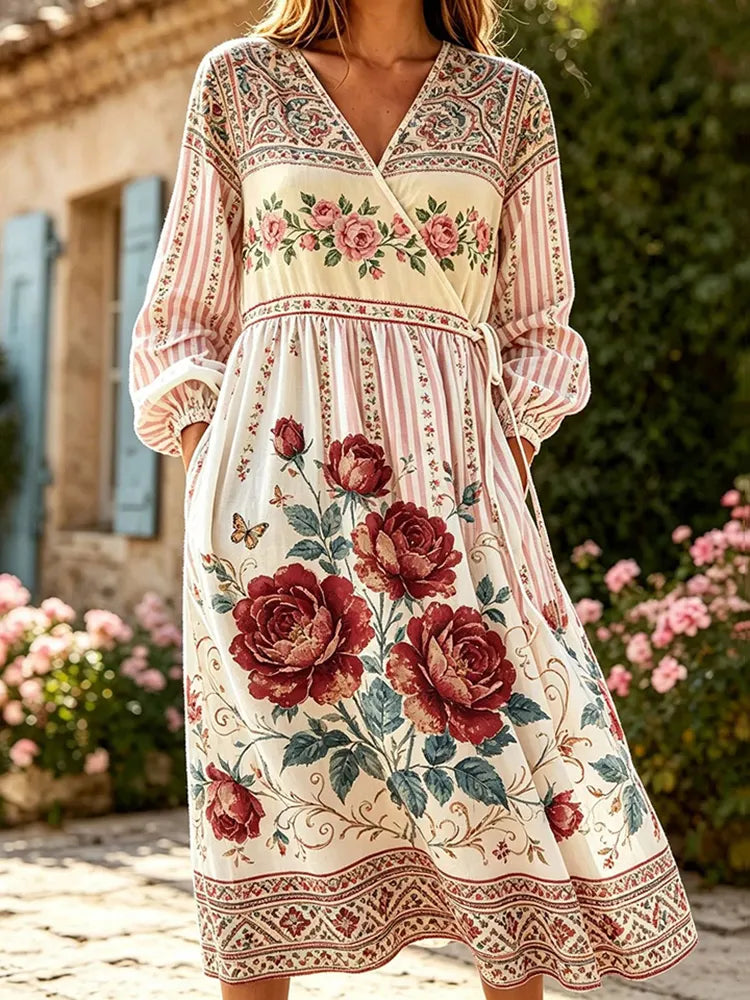 Cardydony Women's Retro Resort Floral Striped Print Cotton Linen Dress