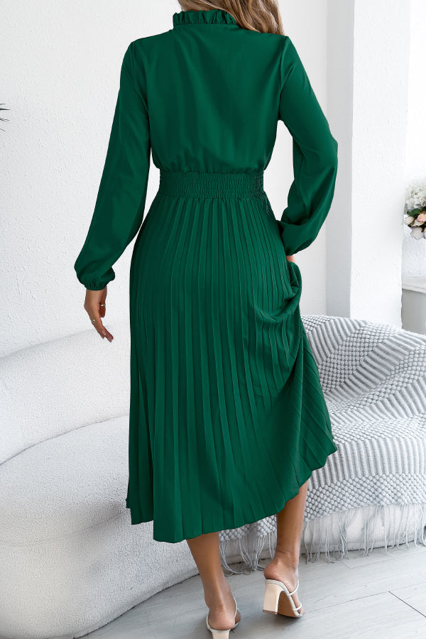 Cardydony Women's Solid Color Long-sleeved Fitted Waist Pleated Elegant Midi Dress